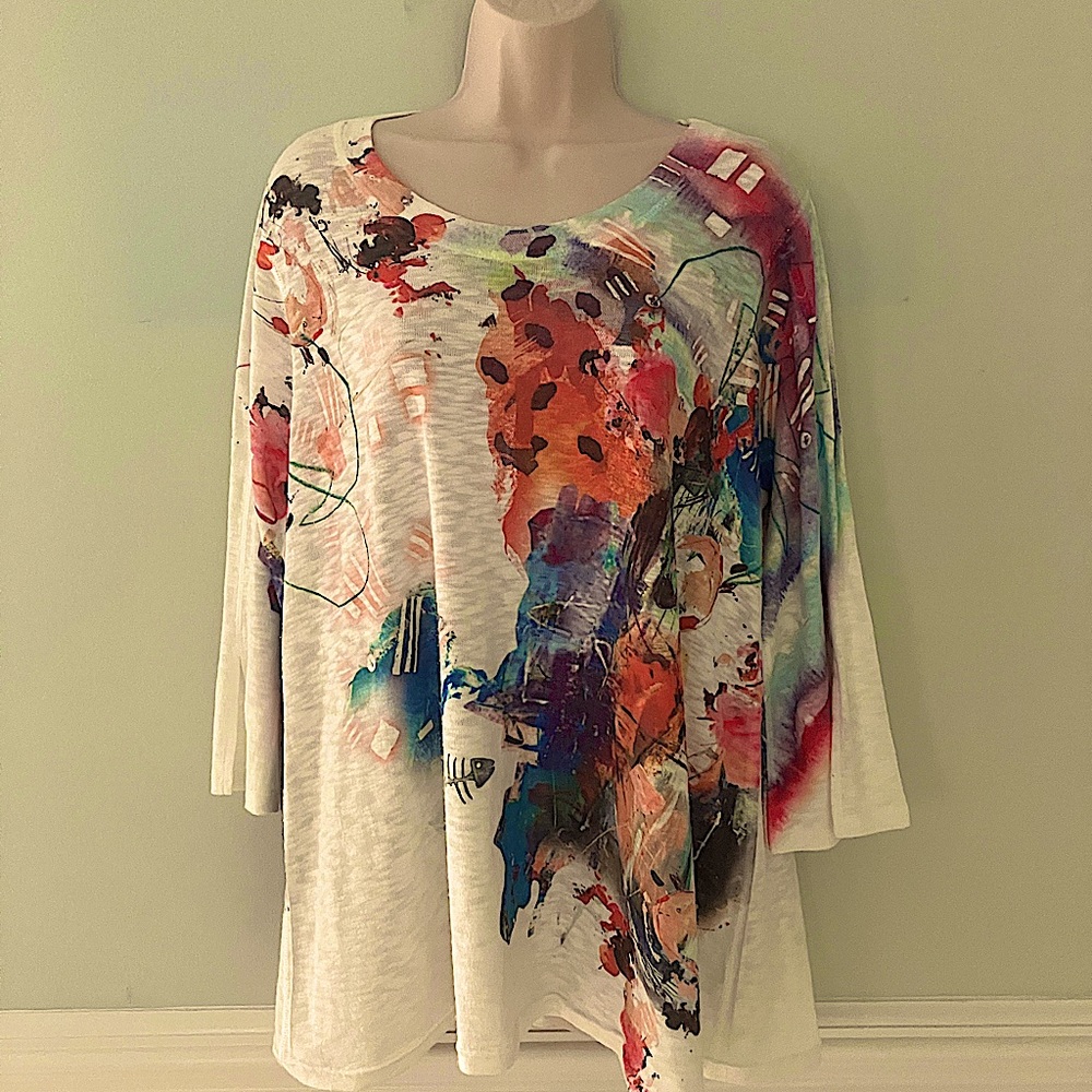 Inoah fine knit top tunic abstract wearable art 3/4 sleeve scoop neck A line M